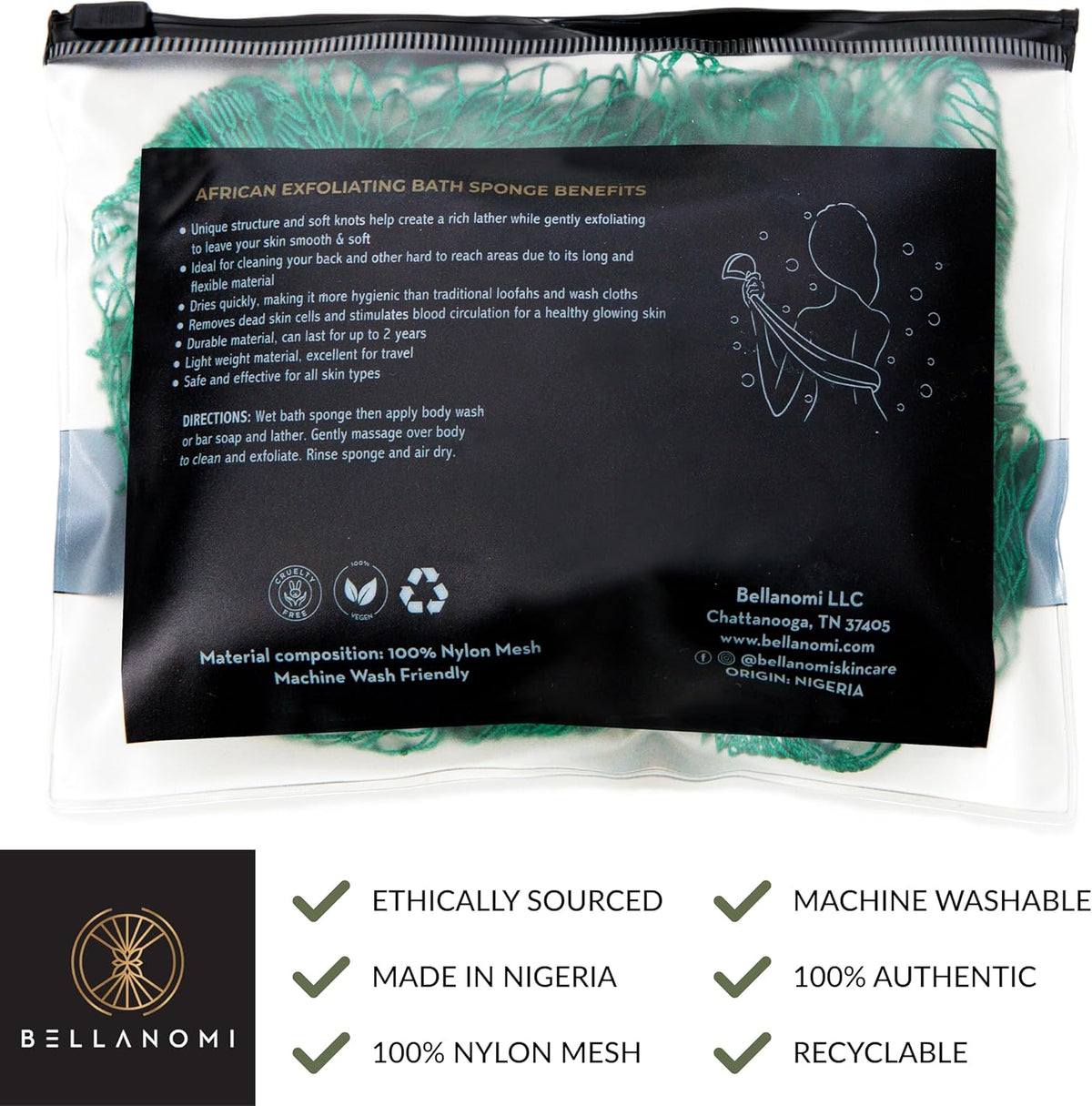 BELLANOMI African Exfoliating Net Sponge, Authentic, Ethically sourced from Nigeria, 45 inches Long, Back Scrubber for Daily use (Emerald Green)