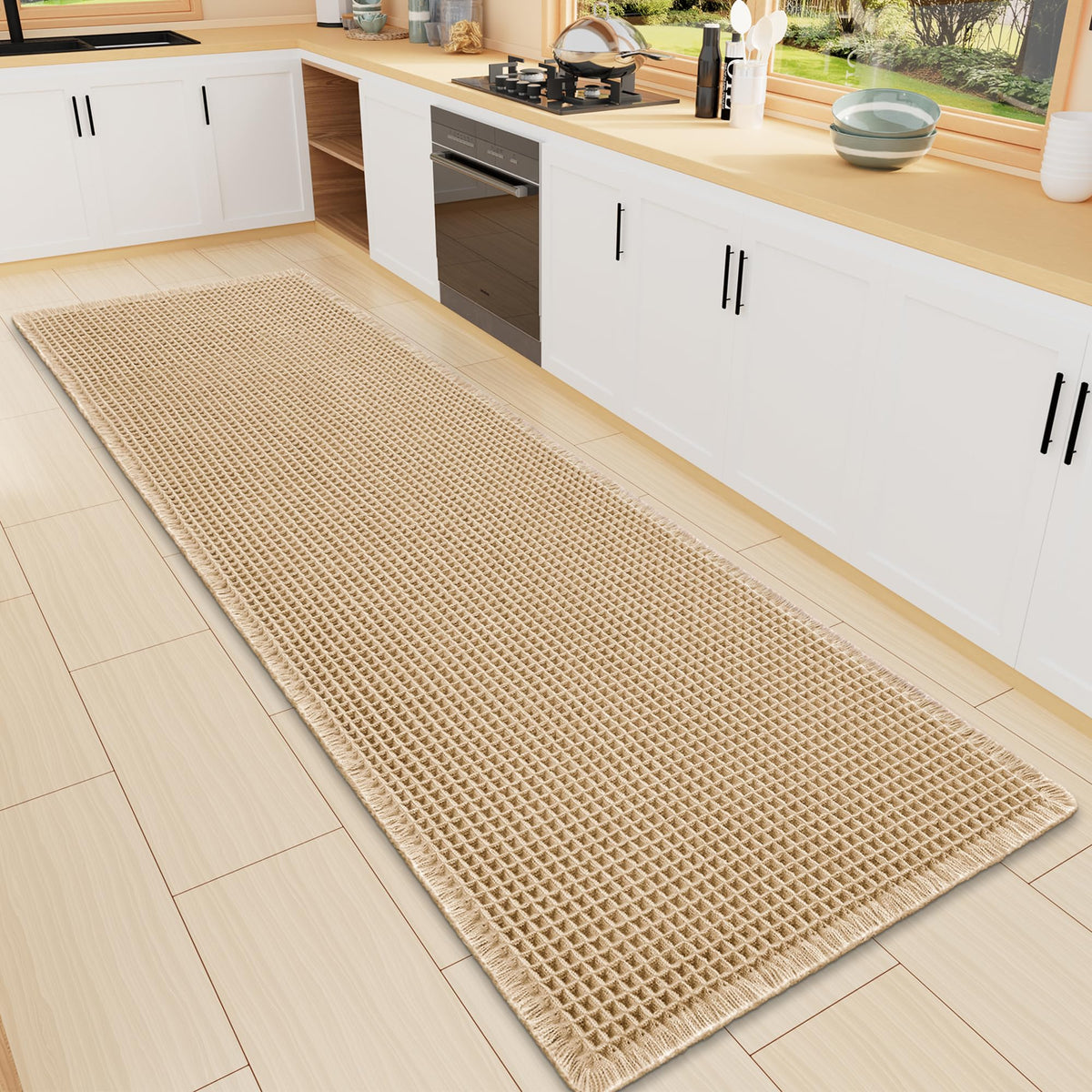 Smiry Waffle Bath Mat 24X16, Soft Absorbent Bathroom Rugs, Brown & Cream