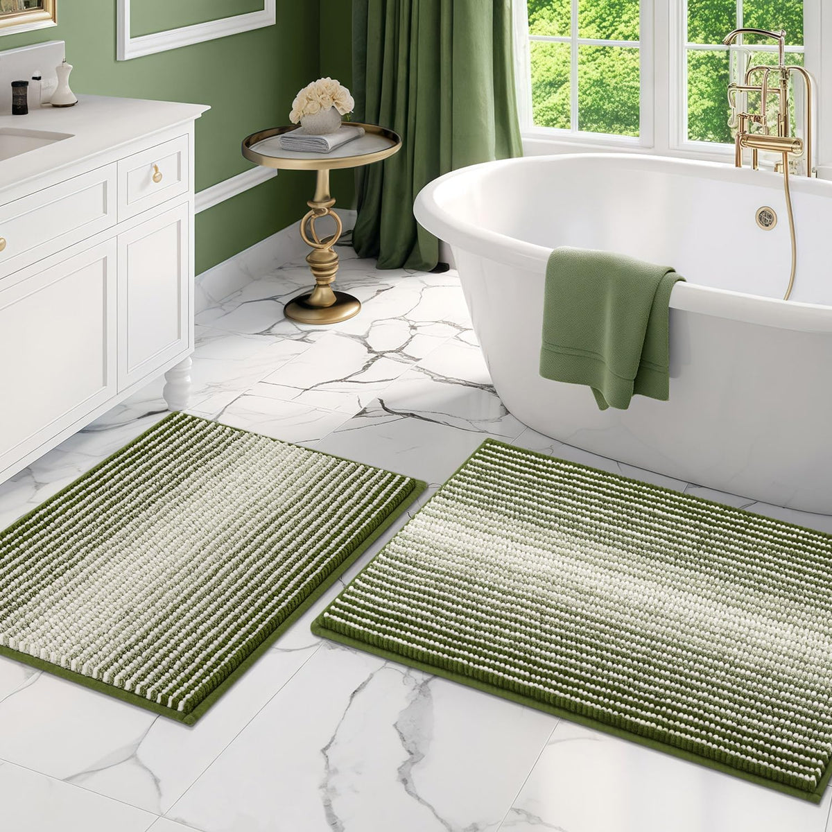 BSICPRO Bathroom Rugs Sets 2 Piece, Non Slip Striped Bath Mats, Fog Blue