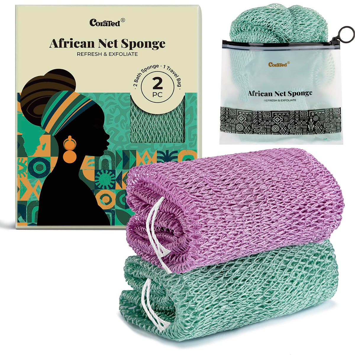 CORATED African Net Sponge Authentic, Shower Loofah Exfoliating Bath Sponge
