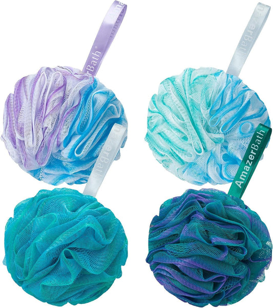 AmazerBath Loofah Sponge 60g/Piece, Exfoliating Bath Sponge Body Scrubber - Loofa Set of 4 Flower Color (Green-Purple)