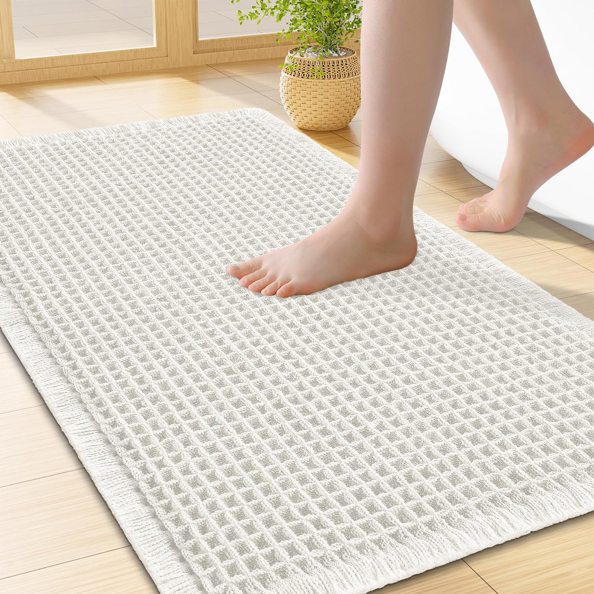 Smiry Waffle Bath Mat 24X16, Soft Absorbent Bathroom Rugs, Brown & Cream