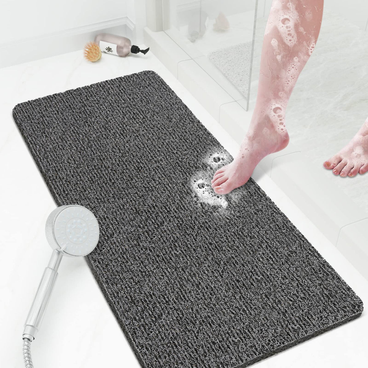 Shower Mat Bathtub Mat Non-Slip,24x16 inch, Soft Tub Mat with Drain,PVC Loofah Bath Mat (Phthalate Free) for Tub and Bathroom,Quick Drying,Black