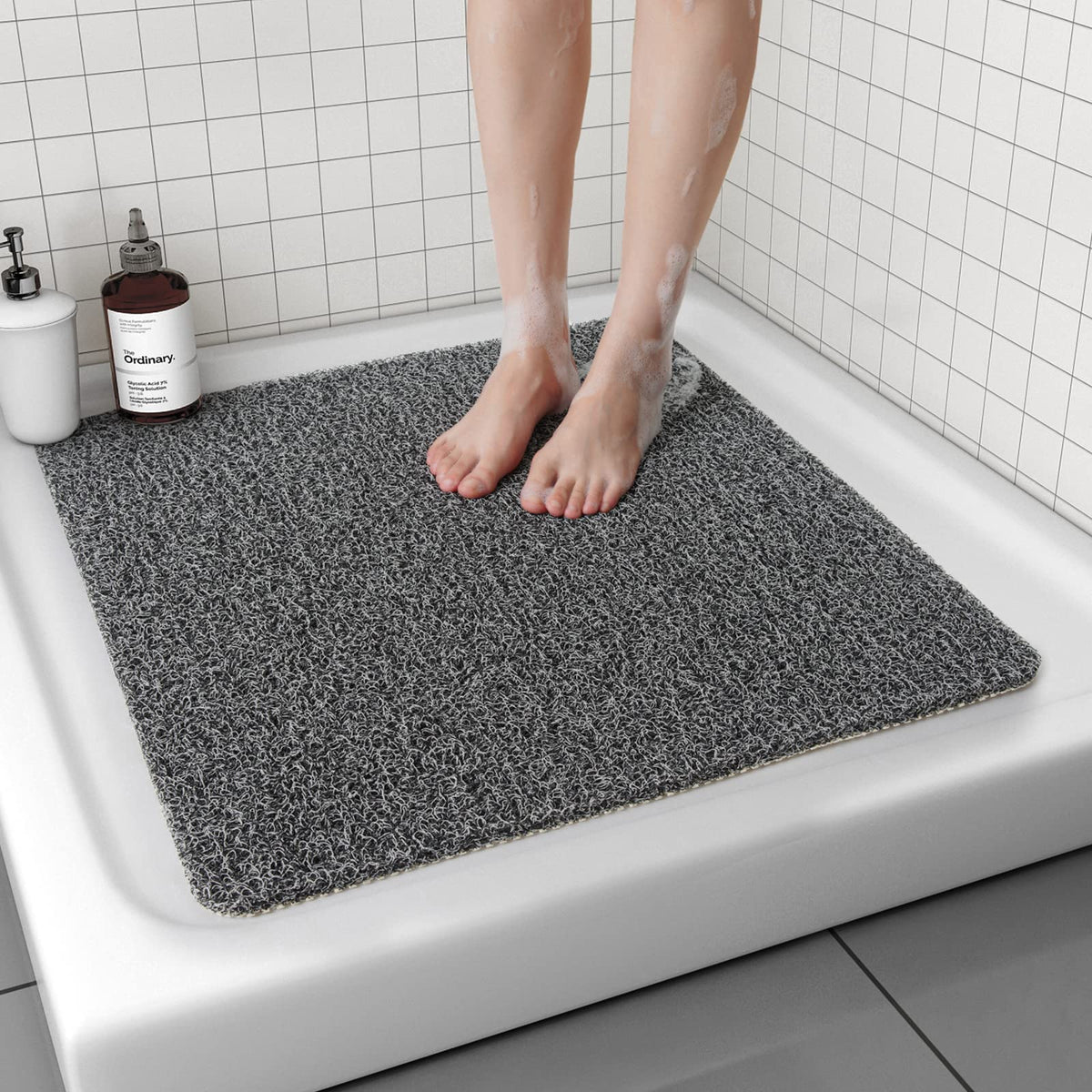Non Slip Shower Mat, Comfortable Bath mat for Textured Surface,Quick Drying Easy Cleaning Shower Floor Mat for Wet Area,Without Suction Cups Grey 24 x 24