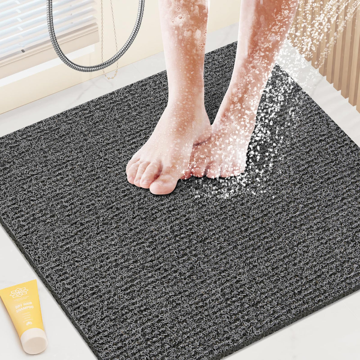 Shower Mat Bathtub Mat Non-Slip,24x16 inch, Soft Tub Mat with Drain,PVC Loofah Bath Mat (Phthalate Free) for Tub and Bathroom,Quick Drying,Black