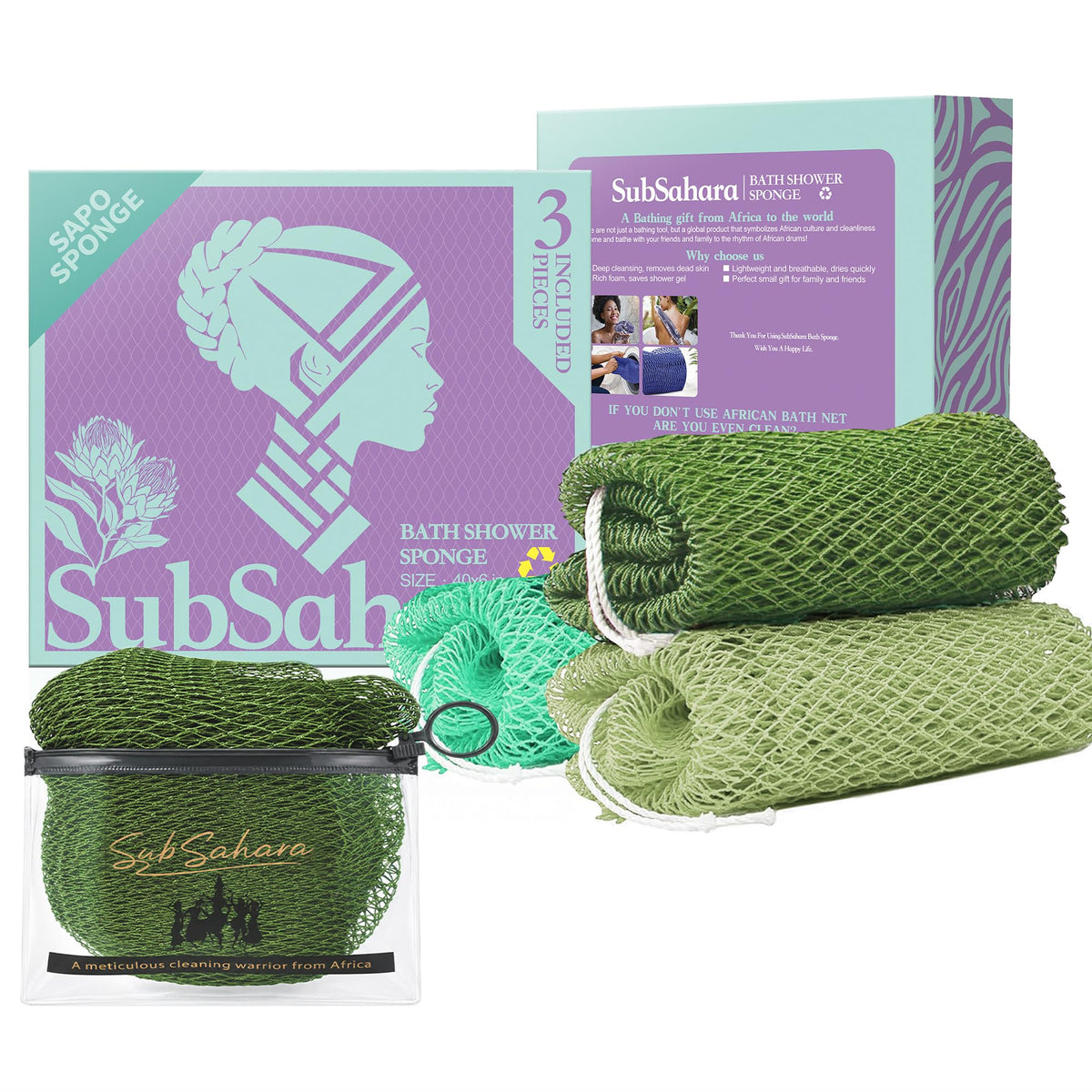 SubSahara African Net Sponge, 2 Pack 45-Inch Exfoliating Bath Scrubber