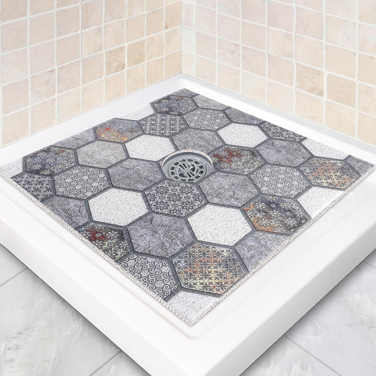 Square Shower Mat Non Slip: 24 x 24 Inch Shower Mats with Drain Hole in Middle - PVC Loofah Anti Slip Shower Floor Matt for Inside Shower