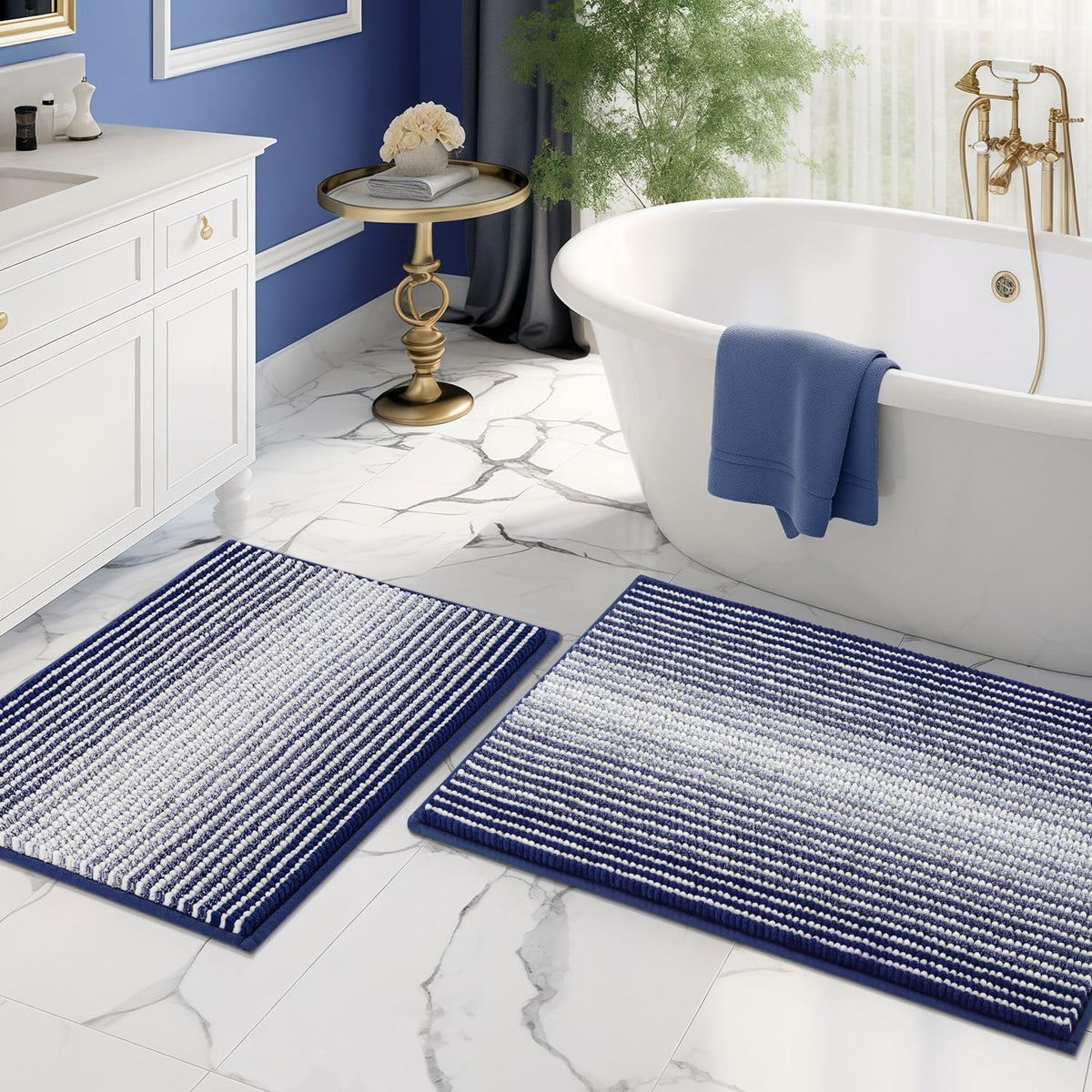 BSICPRO Bathroom Rugs Sets 2 Piece, Non Slip Striped Bath Mats, Fog Blue