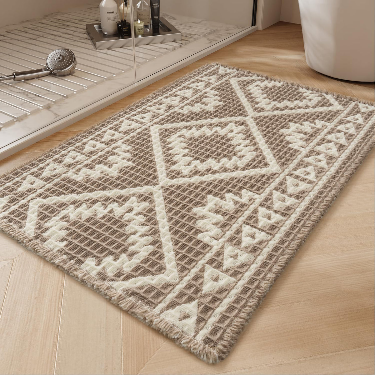 PADOOR-Waffle Bath Mat-Super Absorbent Bath Mats for Bathroom, Machine Washable Non Slip Bathroom Rug with Tassels, Soft Bathroom Mat for Laundry Room, Bedroom, Brown & Cream, 17"x28"