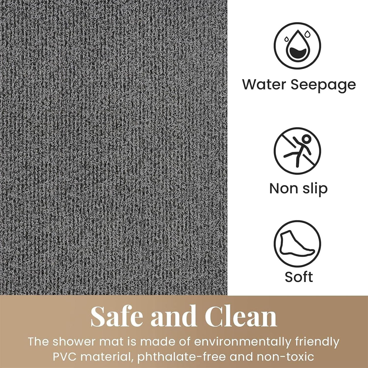 Shower Mat Bathtub Mat Non-Slip,24x16 inch, Soft Tub Mat with Drain,PVC Loofah Bath Mat (Phthalate Free) for Tub and Bathroom,Quick Drying,Black