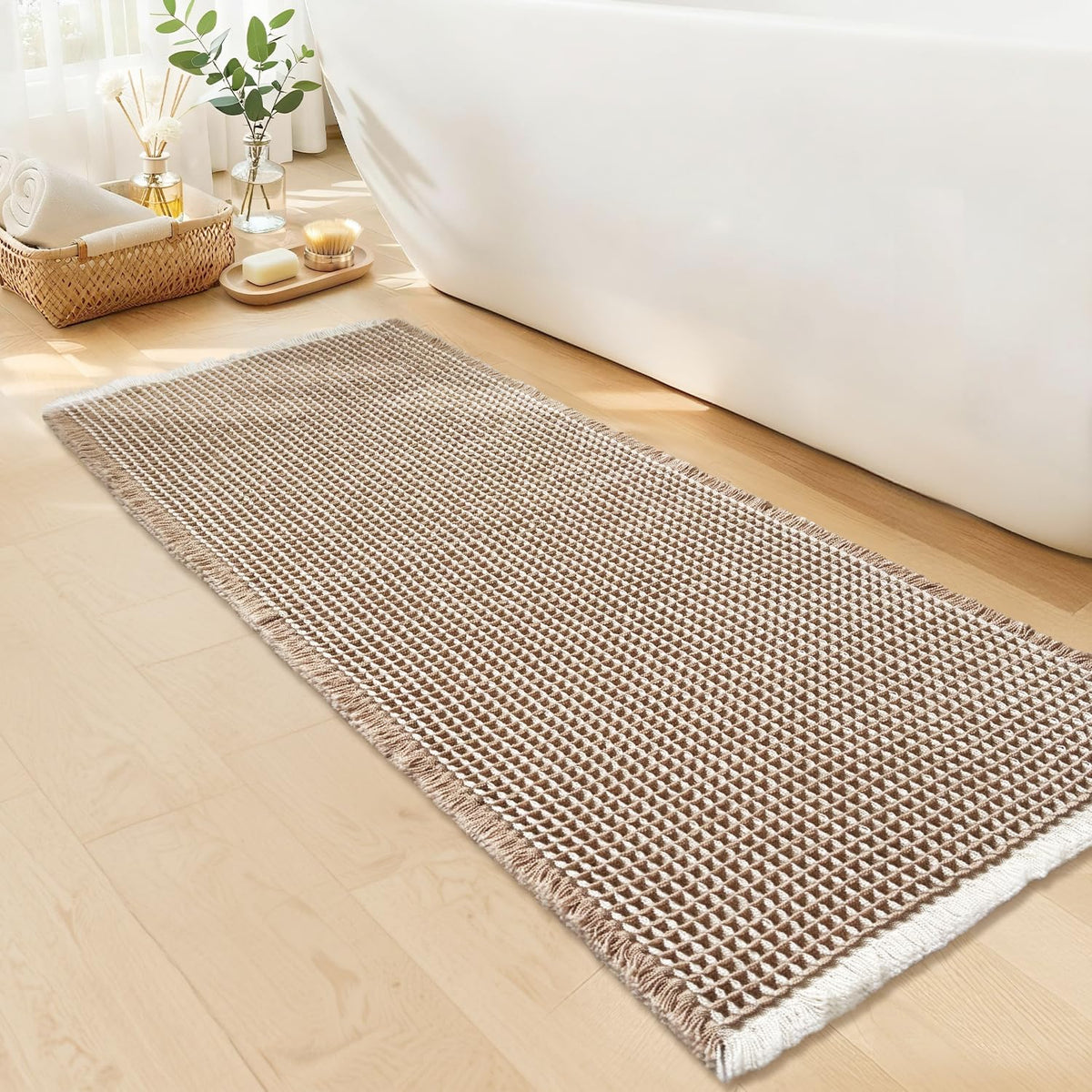 Waffle Bath Mat, Boho Bathroom Rugs Non Slip Washable, 18" x 30"