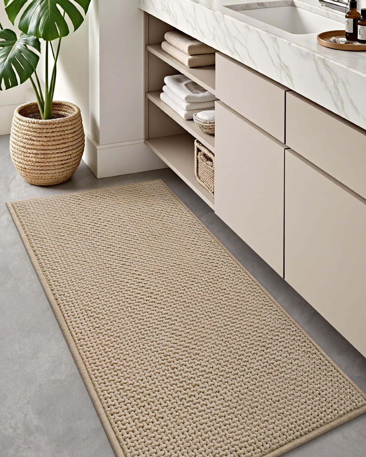 Color&Geometry Beige 30x17 Waffle Bath Mat, Rubber Non Slip Bathroom Rug
