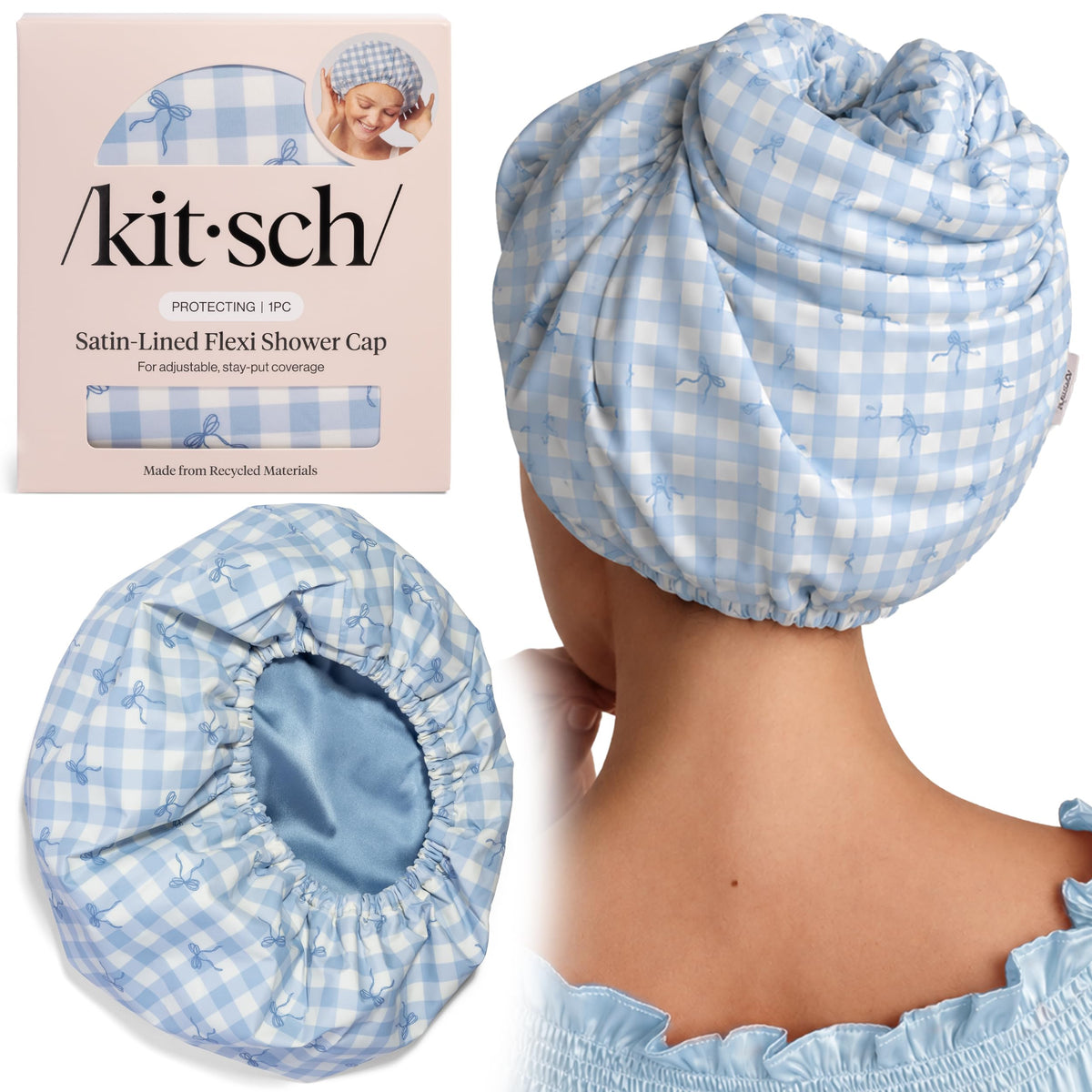 Kitsch Luxury Satin-Lined Flexi Shower Cap for Women - Terracotta Checker