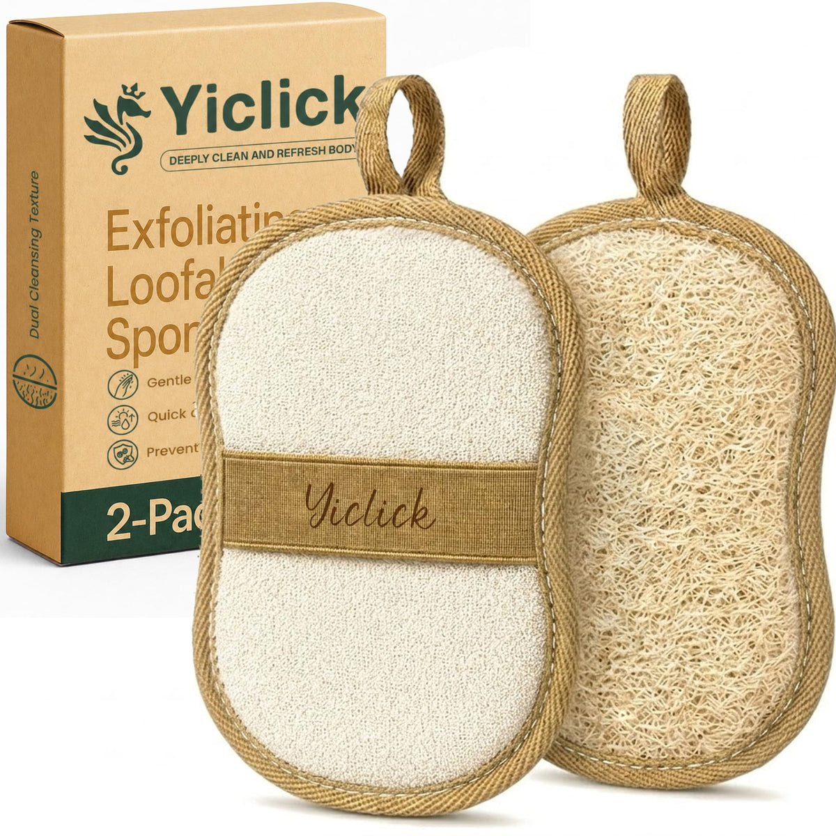 Yiclick Exfoliating Body Scrubber (2 Pack), Body Scrubber Exfoliator, Exfoliating Sponge for Shower Bath, Shower Loofah Luffa Lufa with Handle for Men Women, Dead Skin Exfoliator for Body Scrub