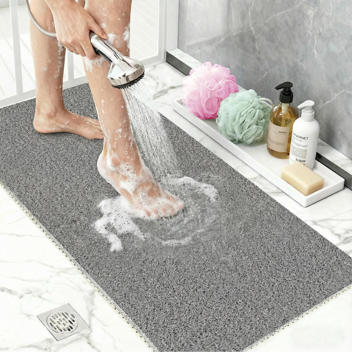 BLESWIN Loofah Mats for Shower 24"x16", PVC Bath Mat for Inside Shower, Bath Mat for Tub Non Slip, Checkered Shower Quick Dry Mats with Drain Hole, Colorful Checkered