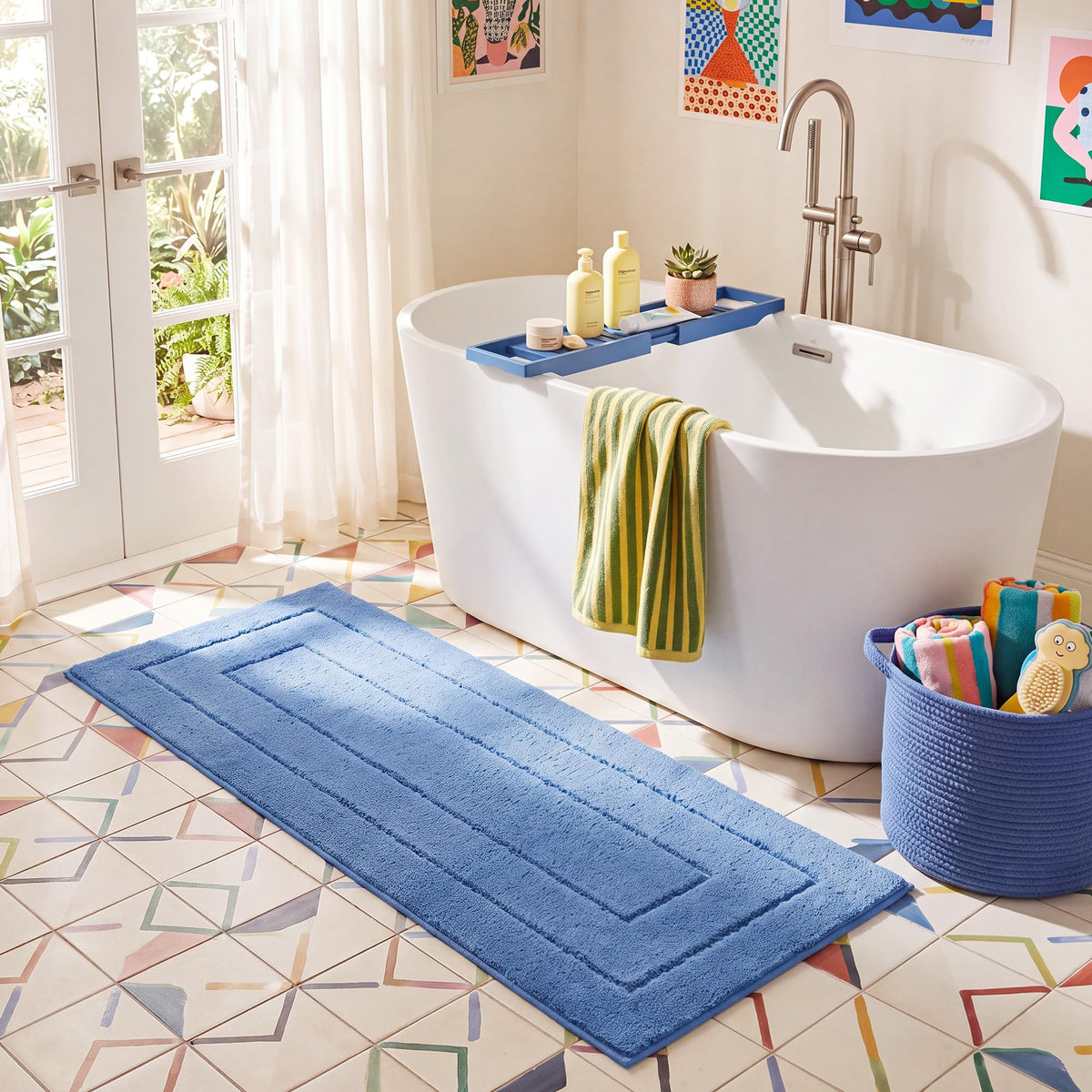 GRANNY SAYS Blue Bathroom Rug 16" x 24", Non-Slip Microfiber Bath Mat