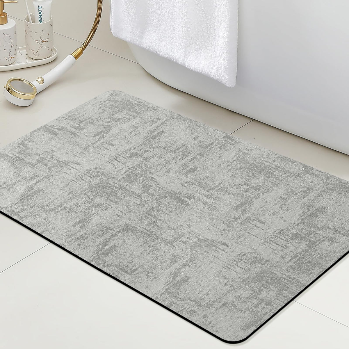 ACCUMTEK Non Slip Bath Mat, Thin Bathroom Rugs Fit Under Door, Quick Dry Bath Mats, Machine Washable Bath Rugs for Bathroom, Bathtub & Kitchen, Grey/Bordered/24 x17