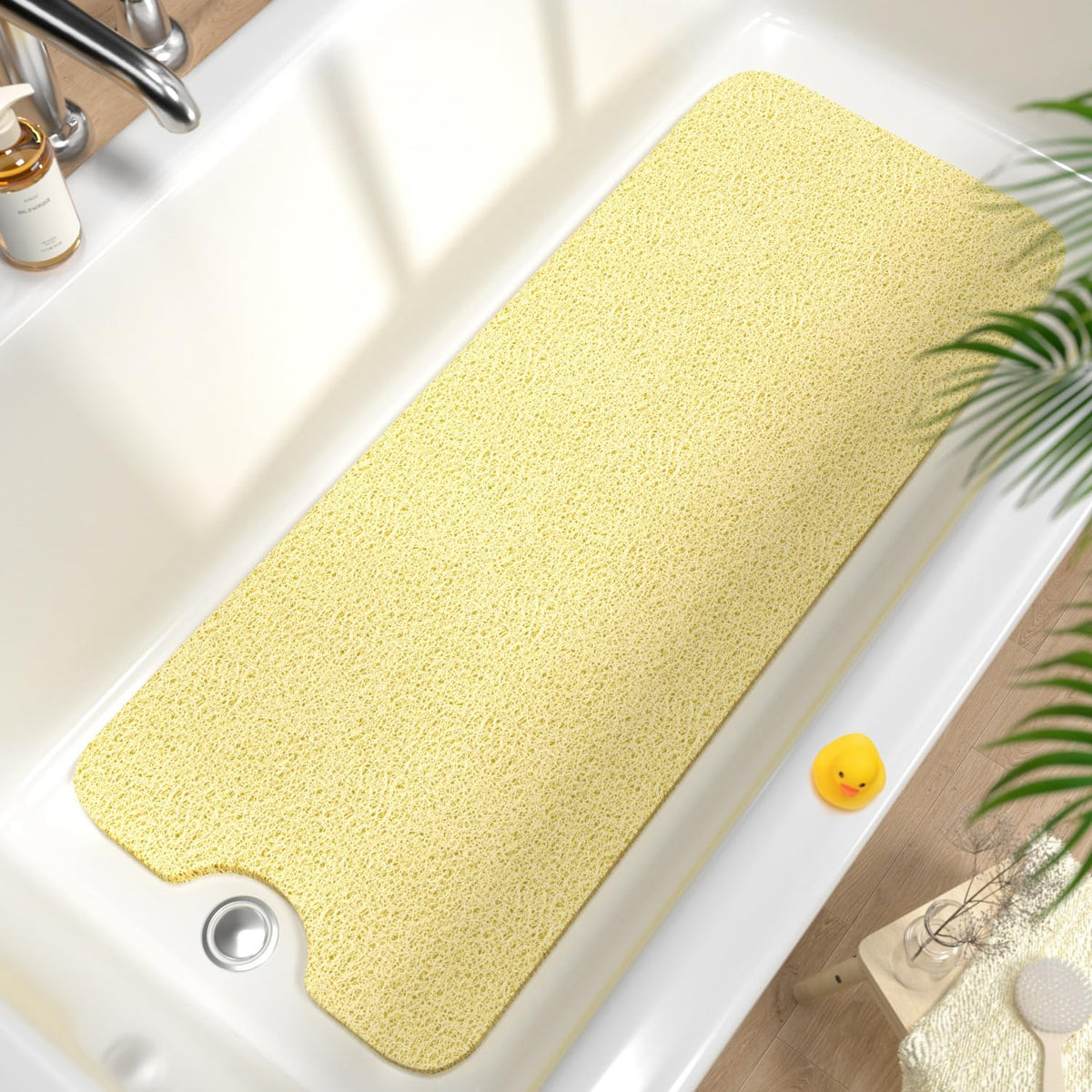 HITSLAM Non Slip Bathtub Mat 40 x 16 Inch, Extra Long Bath Mat for Tub, Soft PVC Loofah Shower Floor Mat with Drain, Quick Drying Bathroom Tub Mat for Wet Area, Without Suction Cup, Grey
