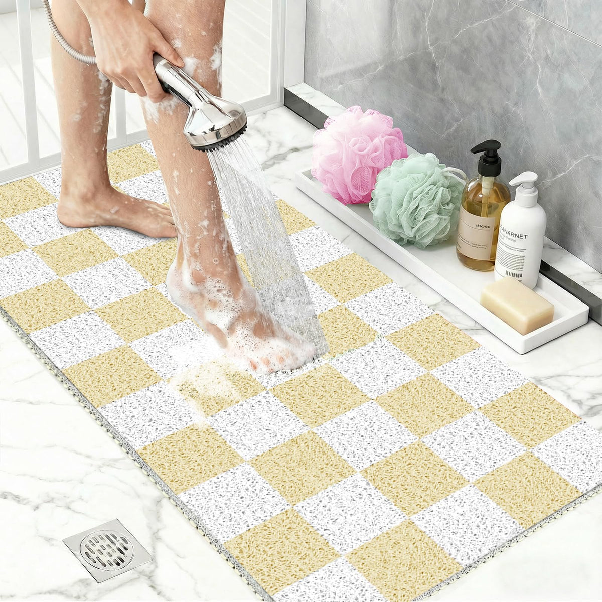 BLESWIN Loofah Mats for Shower 24"x16", PVC Bath Mat for Inside Shower, Bath Mat for Tub Non Slip, Checkered Shower Quick Dry Mats with Drain Hole, Colorful Checkered