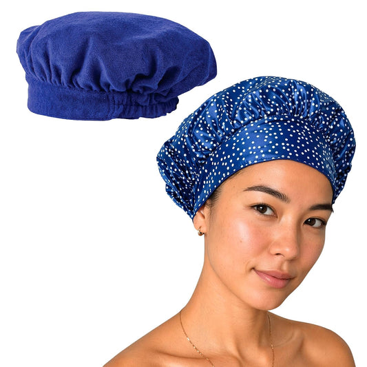 TIARA Reversible, Reusable, Waterproof Shower Cap – Large Shower Cap for Long. Short, Braided, or Thick Hair, Reversible Deep Conditioning Hair Cap, Soft Terry Lined, Machine Washable (Blue Dots)