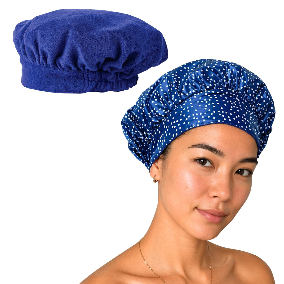 TIARA Reversible, Reusable, Waterproof Shower Cap – Large Shower Cap for Long. Short, Braided, or Thick Hair, Reversible Deep Conditioning Hair Cap, Soft Terry Lined, Machine Washable (Blue Dots)