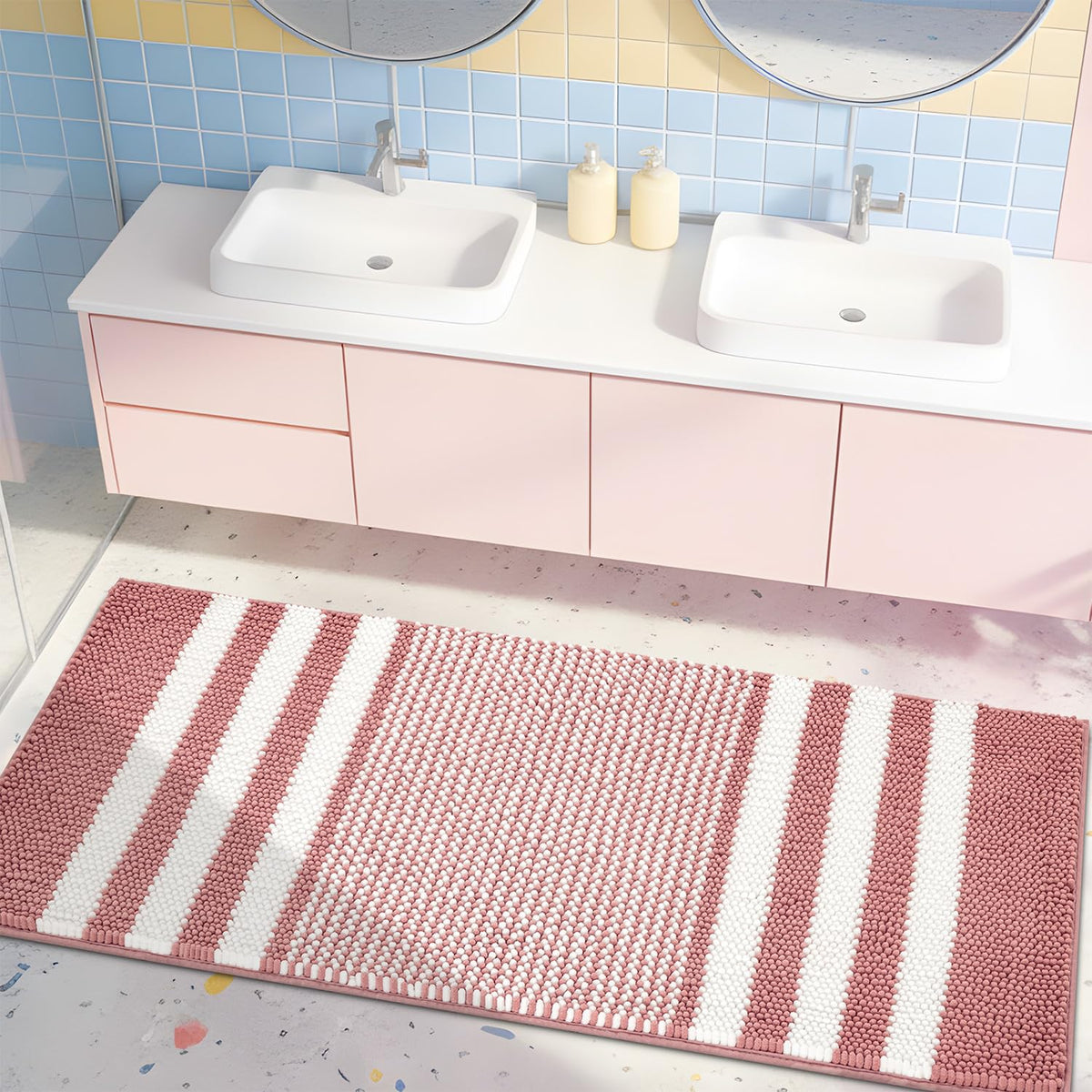 BSICPRO Bathroom Rugs Sets 2 Piece, Non Slip Striped Bath Mats, Fog Blue