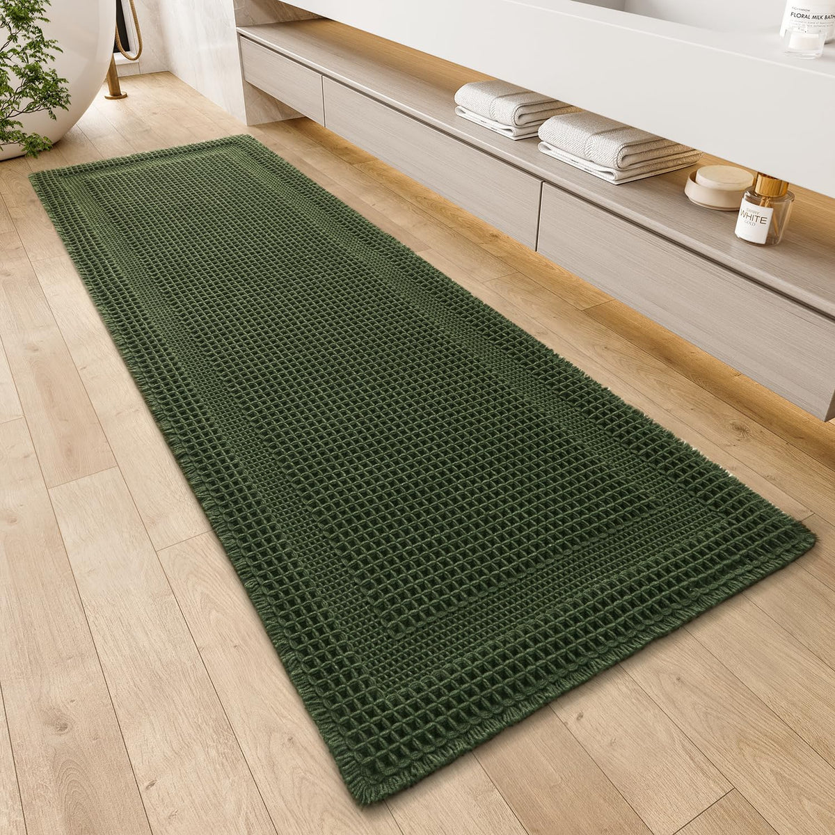 AMOAMI Waffle Bath Mat, Absorbent Bathroom Rugs Non Slip 17''x24'' Beige