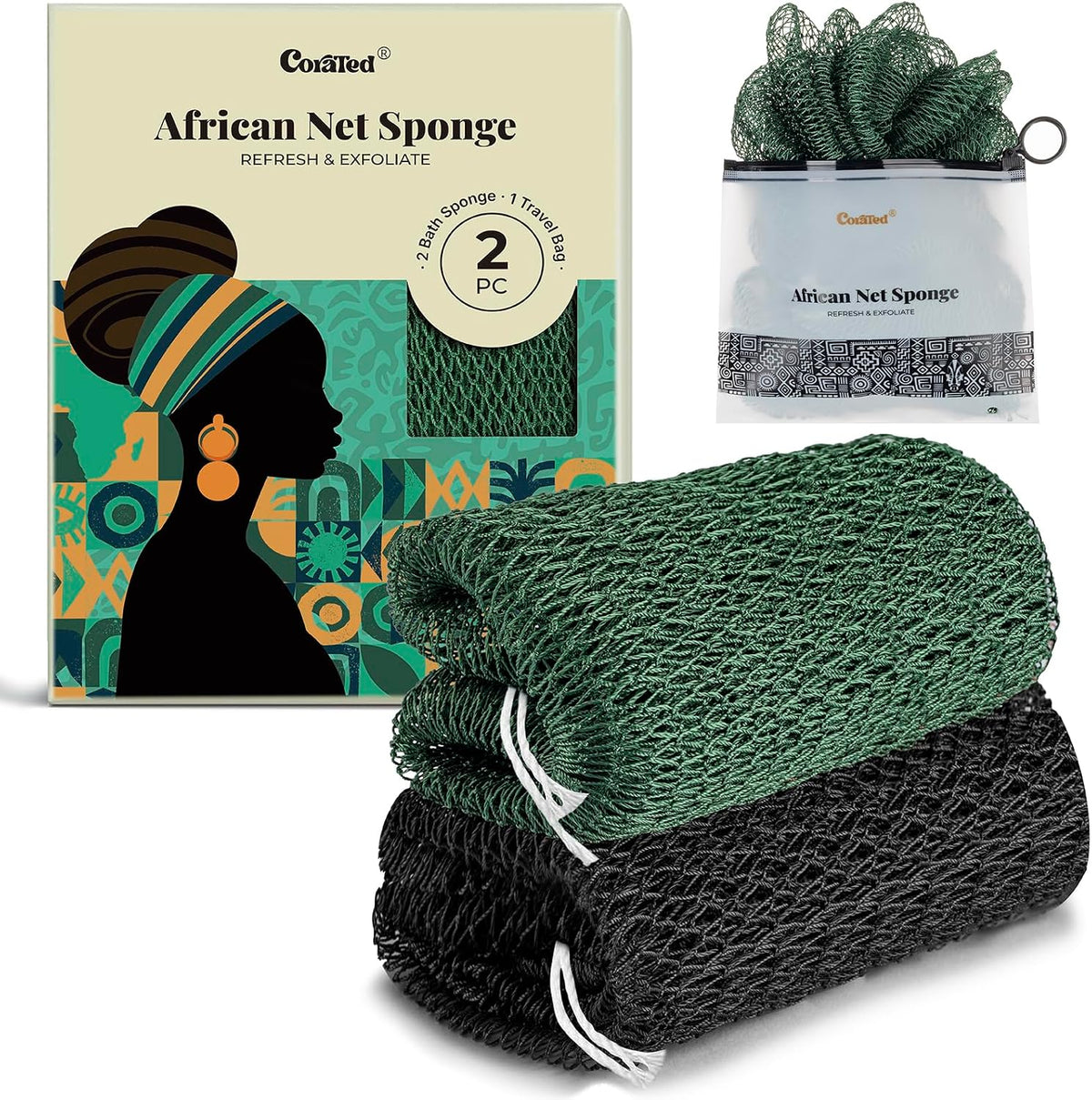 CORATED African Net Sponge Authentic, Shower Loofah Exfoliating Bath Sponge