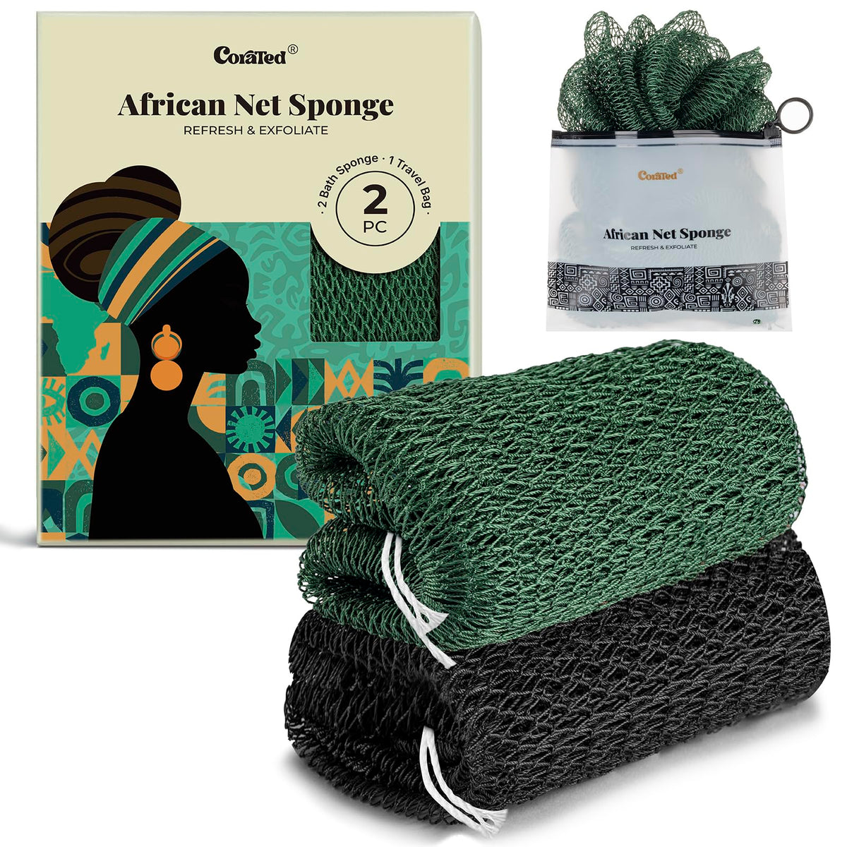 CORATED African Net Sponge Authentic, Shower Loofah Exfoliating Bath Sponge