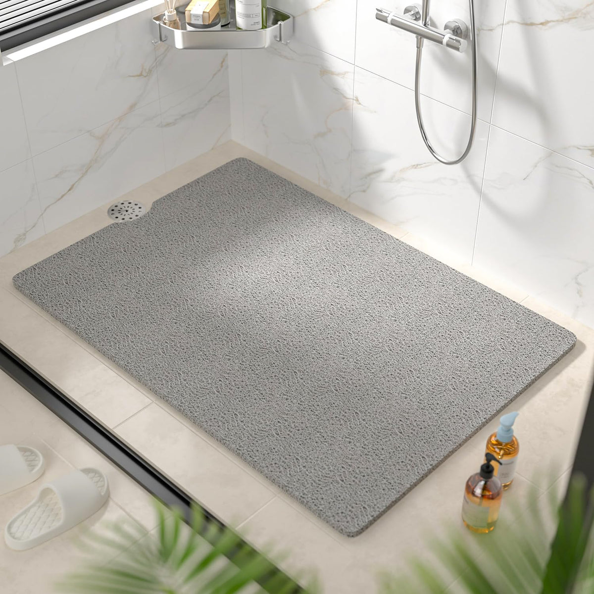 HITSLAM Non Slip Bathtub Mat 40 x 16 Inch, Extra Long Bath Mat for Tub, Soft PVC Loofah Shower Floor Mat with Drain, Quick Drying Bathroom Tub Mat for Wet Area, Without Suction Cup, Grey