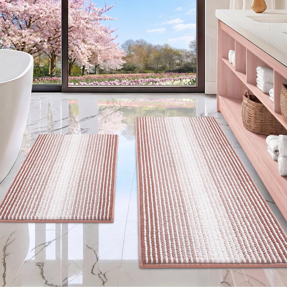 BSICPRO Bathroom Rugs Sets 2 Piece, Non Slip Striped Bath Mats, Fog Blue