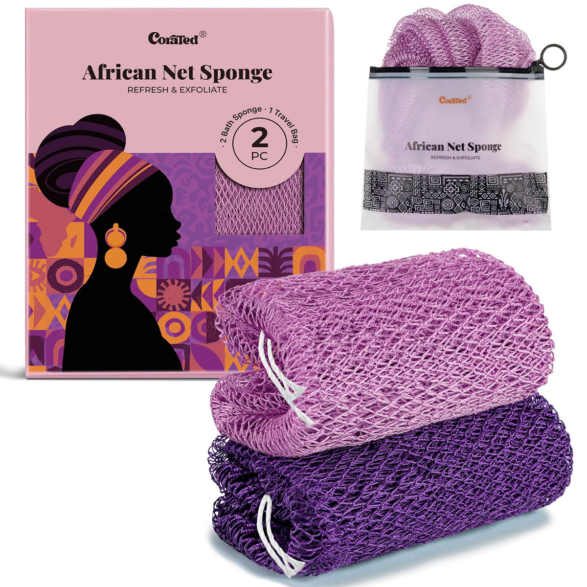 CORATED African Net Sponge Authentic, Shower Loofah Exfoliating Bath Sponge