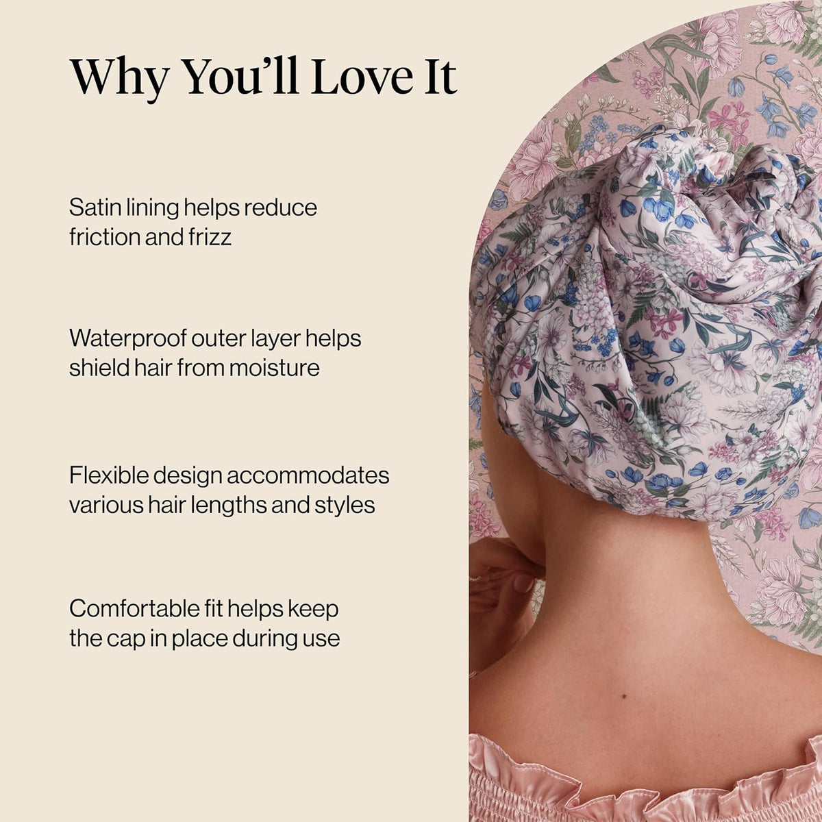 Bridgerton x Kitsch Luxury Satin-Lined Flexi Shower Cap for Women, Wisteria
