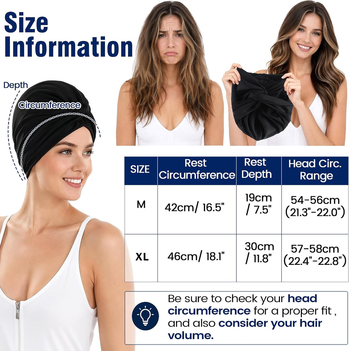 Babalet Satin Lined Swim Turban-Waterproof Silicone Swim Cap for Long Thick Curly Hair, Easy On/Off, Keep Hair Dry