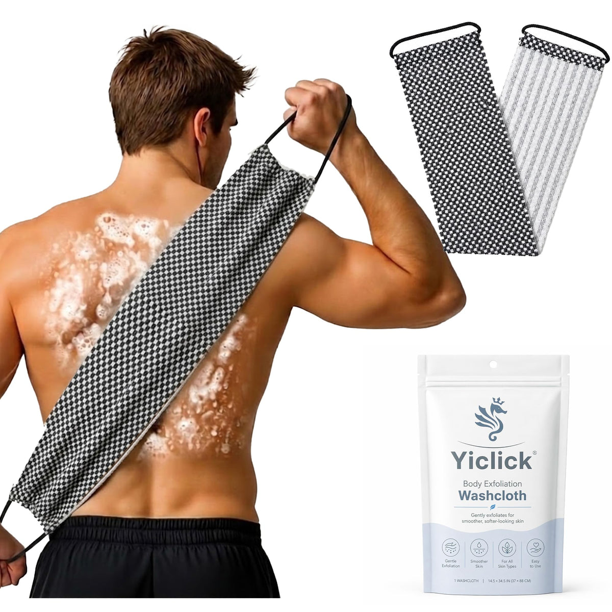 Yiclick Dual-Textured Exfoliating Washcloth Towel - Back Scrubber for Use in Shower Bath, Exfoliating Body Scrubber Exfoliator, Japanese Exfoliate Loofah Lufa Sponge Wash Cloth for Women Men
