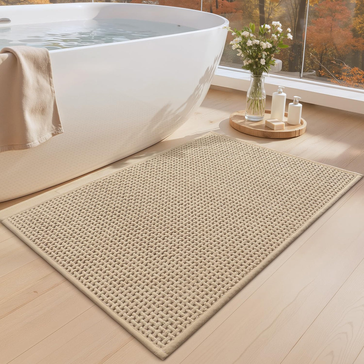 Color&Geometry Beige 30x17 Waffle Bath Mat, Rubber Non Slip Bathroom Rug