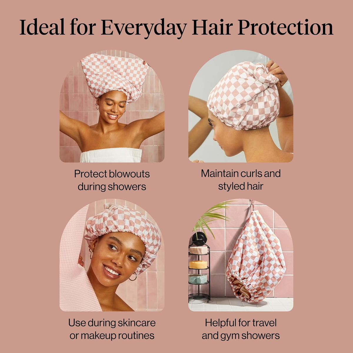Kitsch Luxury Satin-Lined Flexi Shower Cap for Women - Terracotta Checker