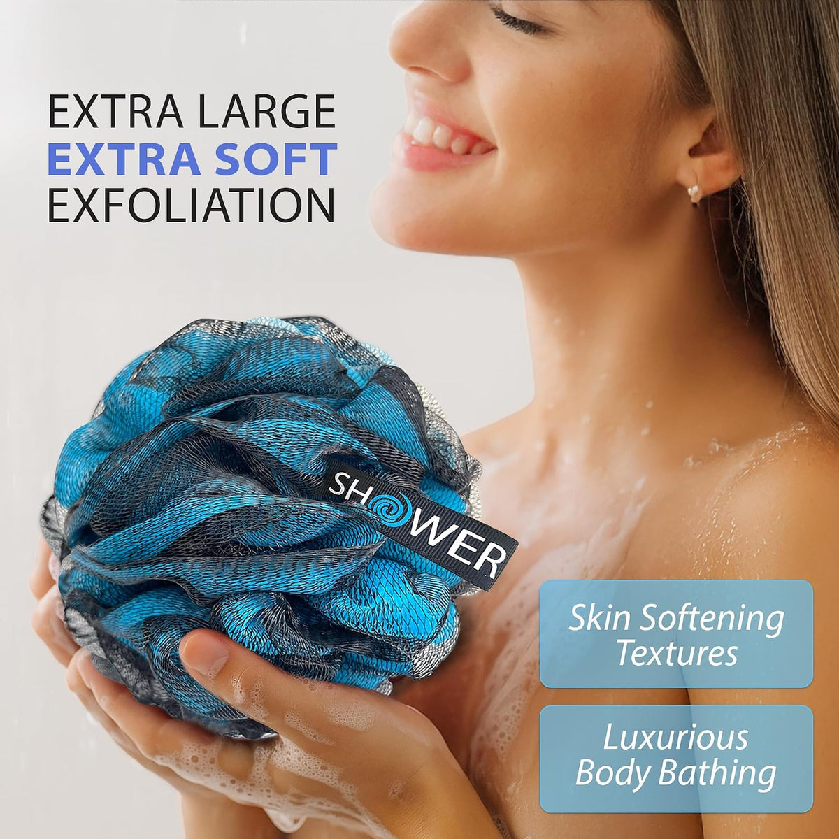 SHOWER BOUQUET Loofah-Charcoal Bath-Sponge XL-4-Pack-Blue-Green Extra Large