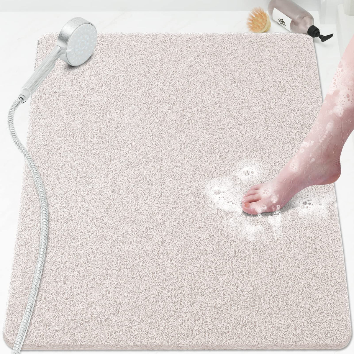 Shower Mat Bathtub Mat Non-Slip,24x16 inch, Soft Tub Mat with Drain,PVC Loofah Bath Mat (Phthalate Free) for Tub and Bathroom,Quick Drying,Black