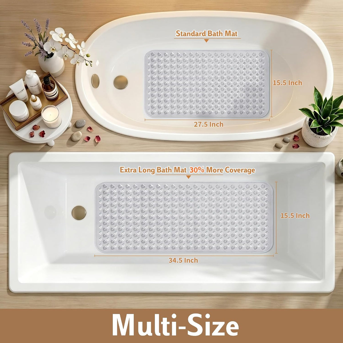 Yimobra Bathtub Mat Non Slip, 35"X16" Shower Mat with Strong Suction Cups & Drain Holes, Long Anti Slip Bath Tub Mat for Inside Shower, Machine Washable Fast Drying, Bathroom Essentials, Clear