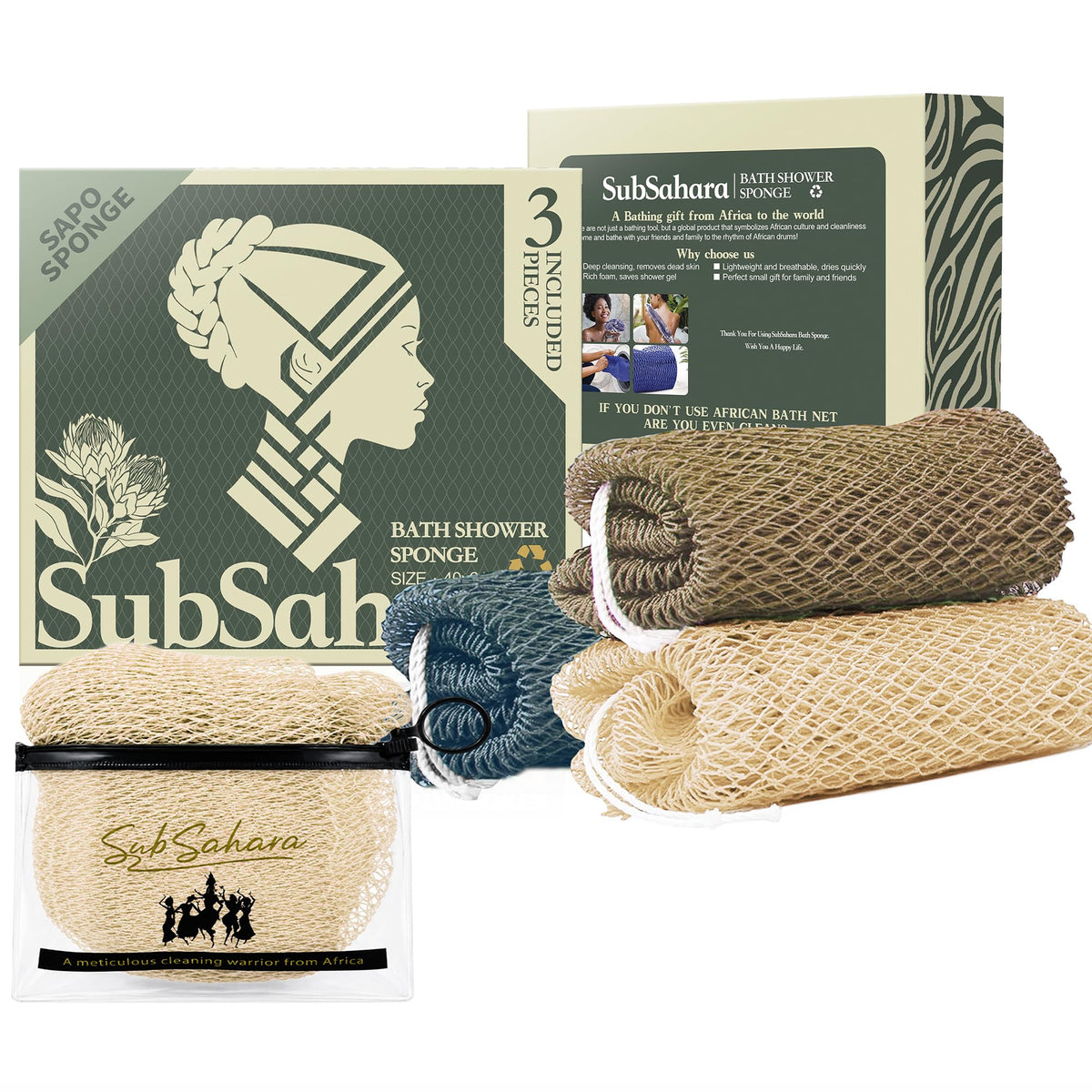 SubSahara African Net Sponge, 2 Pack 45-Inch Exfoliating Bath Scrubber