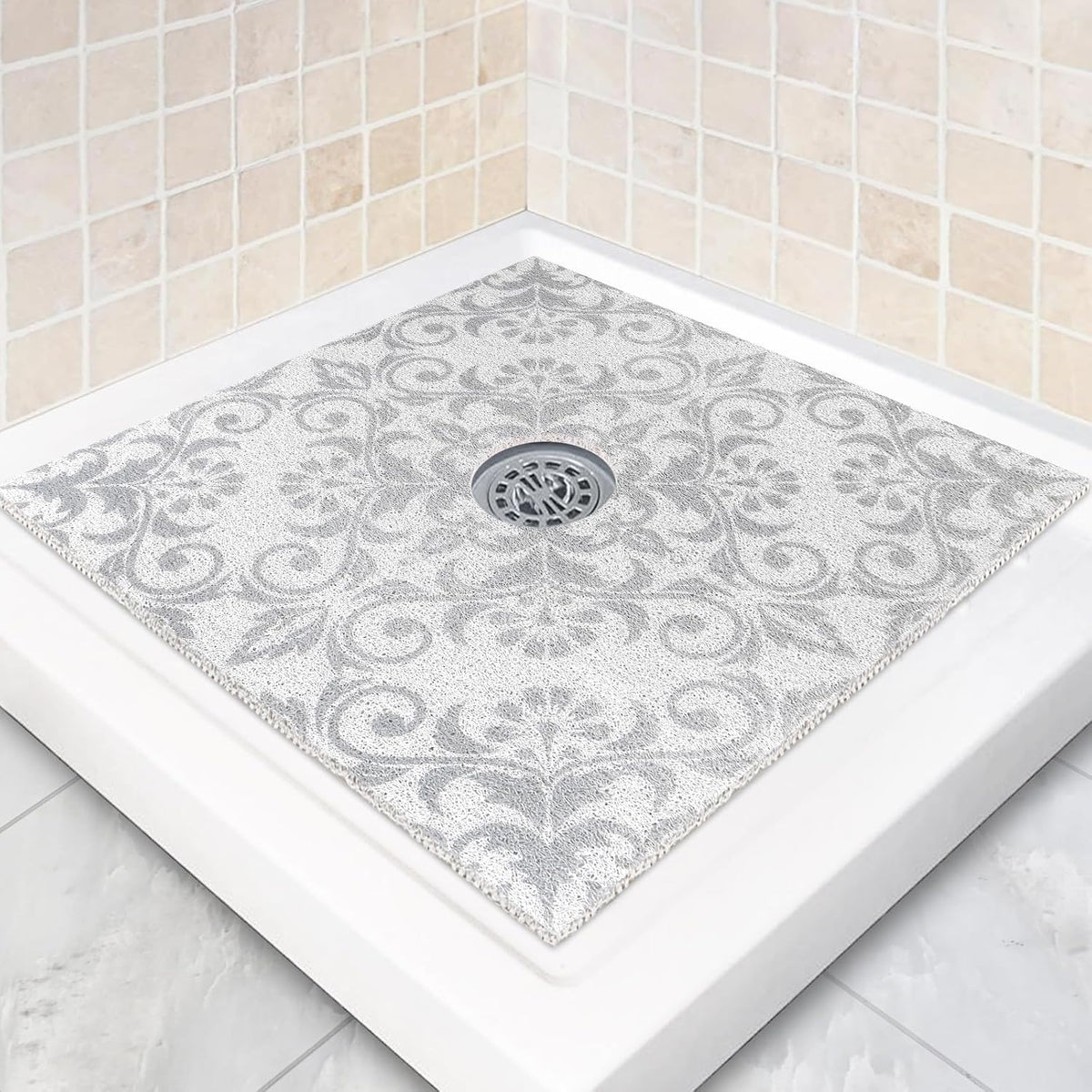 Square Shower Mat Non Slip: 24 x 24 Inch Shower Mats with Drain Hole in Middle - PVC Loofah Anti Slip Shower Floor Matt for Inside Shower
