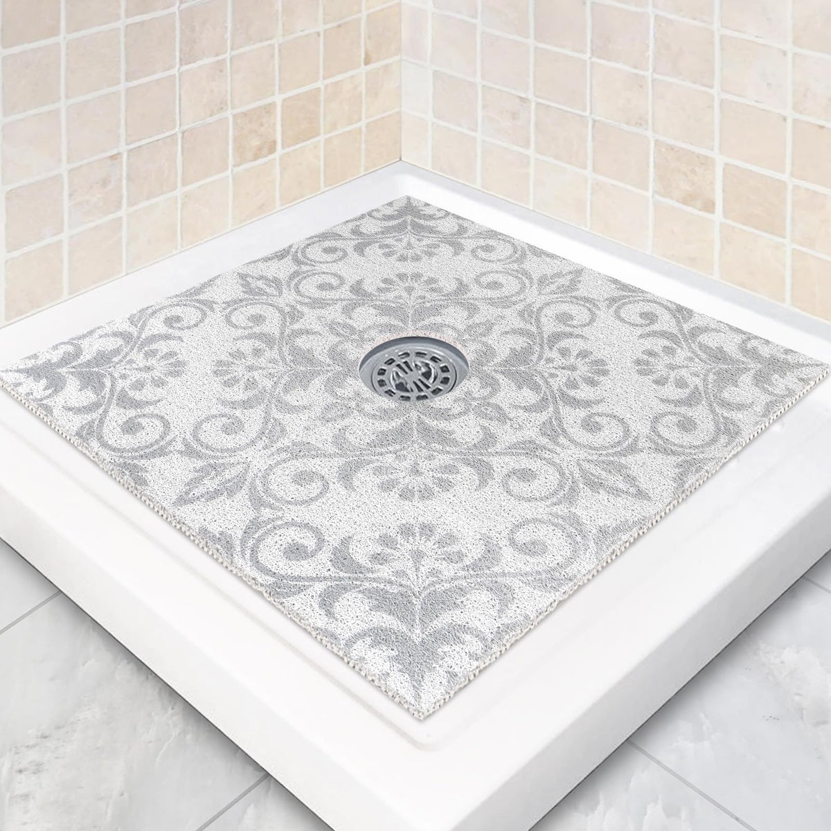 Square Shower Mat Non Slip: 24 x 24 Inch Shower Mats with Drain Hole in Middle - PVC Loofah Anti Slip Shower Floor Matt for Inside Shower