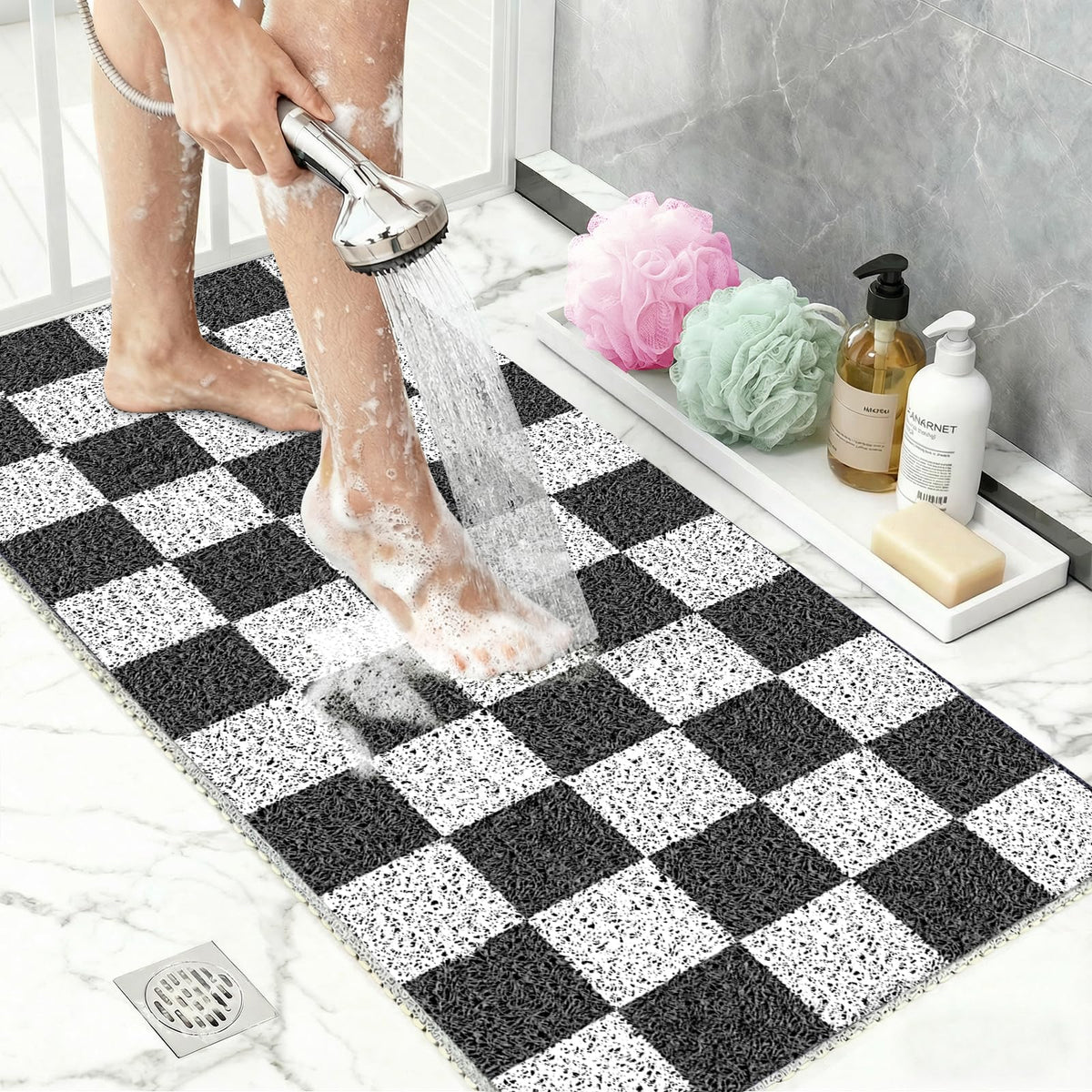 BLESWIN Loofah Mats for Shower 24"x16", PVC Bath Mat for Inside Shower, Bath Mat for Tub Non Slip, Checkered Shower Quick Dry Mats with Drain Hole, Colorful Checkered
