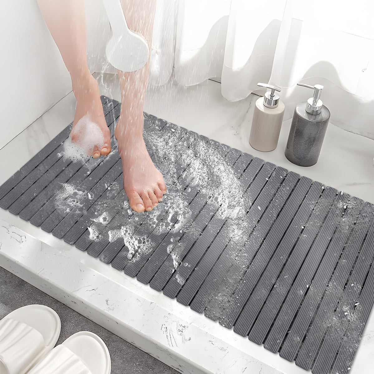 MBOSS Bath Tub Shower Mat Non Slip Bathtub Mats for Bathroom Shower Floor Mat Bath Mats for Shower Tub Anti Slip Shower Mat with Drain Hole and Large Suction Cups (Black, 27.5 X 15.7 Inch)