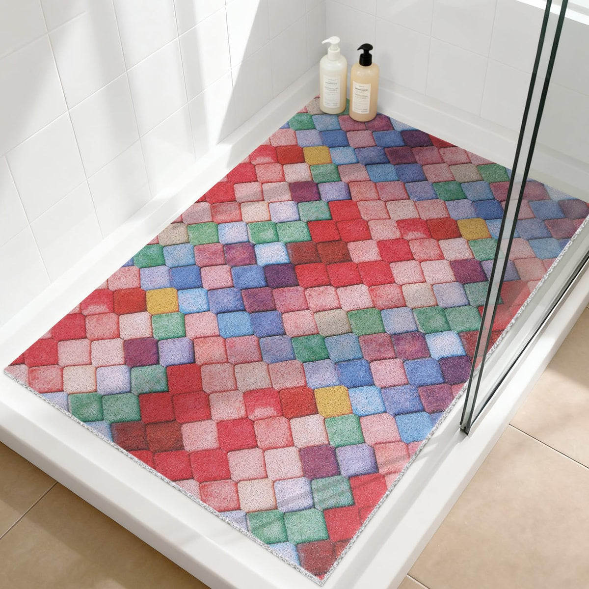 Shower Mat Non-Slip, Soft Comfort Bath Mat with Drainage Holes, PVC Loofah Massage Bathtub Mat for Shower, Tub, Bathroom, Wet Areas, Quick Drying