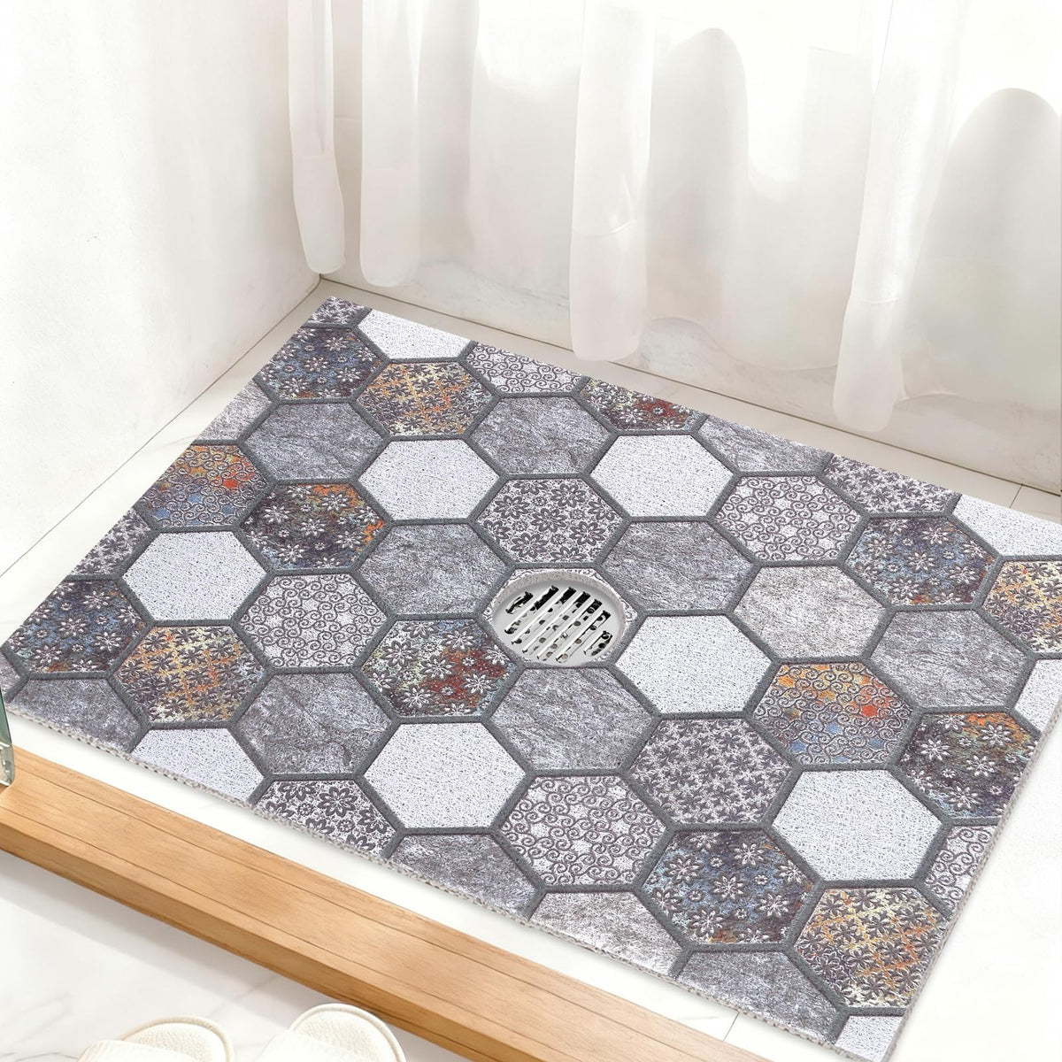 Square Shower Mat Non Slip: 24 x 24 Inch Shower Mats with Drain Hole in Middle - PVC Loofah Anti Slip Shower Floor Matt for Inside Shower