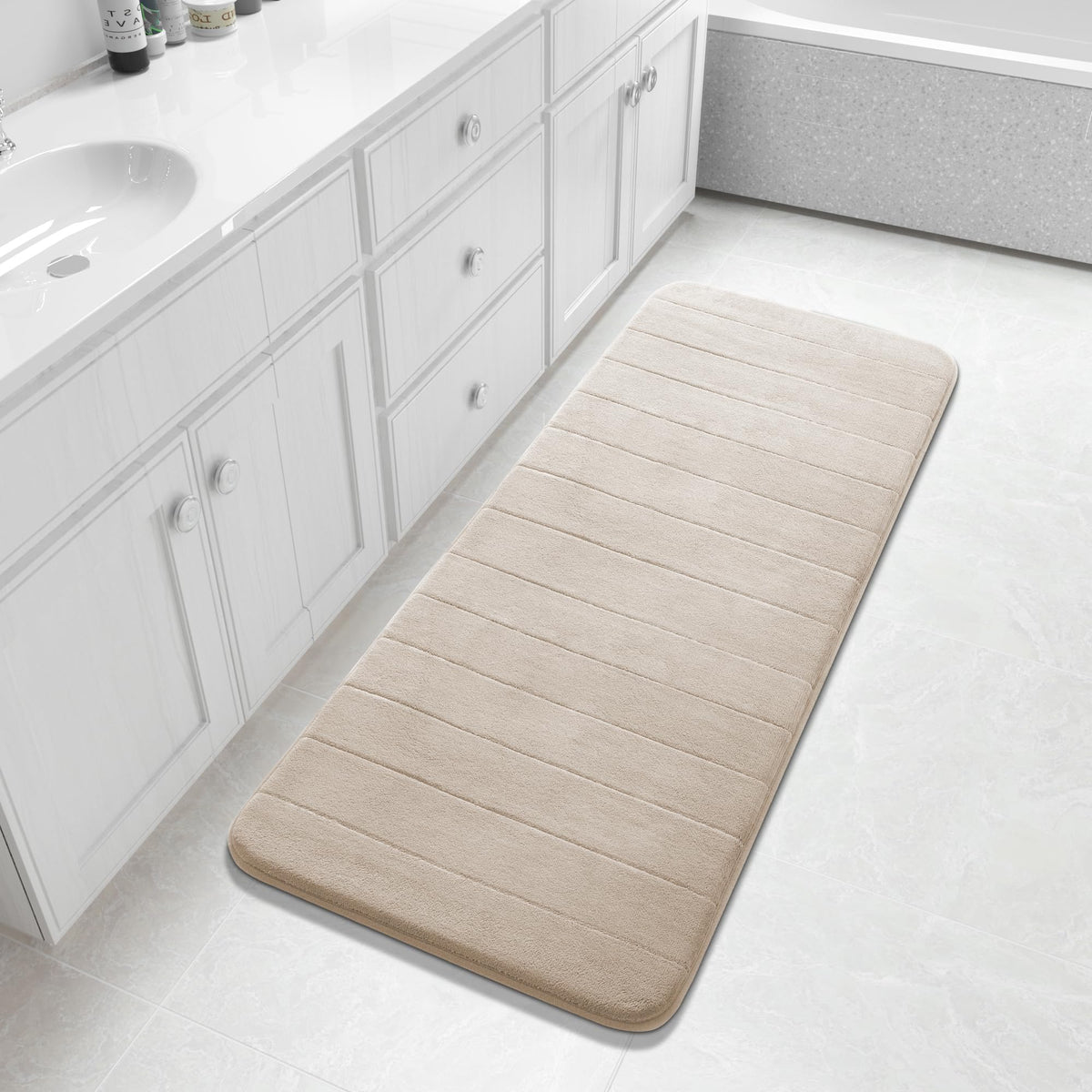 Yimobra Memory Foam Bath Mat, Super Soft Absorbent Bathroom Rug Non Slip 31.5x20 Inch, Quick Dry, Machine Washable Floor Carpet for Tub Shower, Home Decor Accessories, Beige