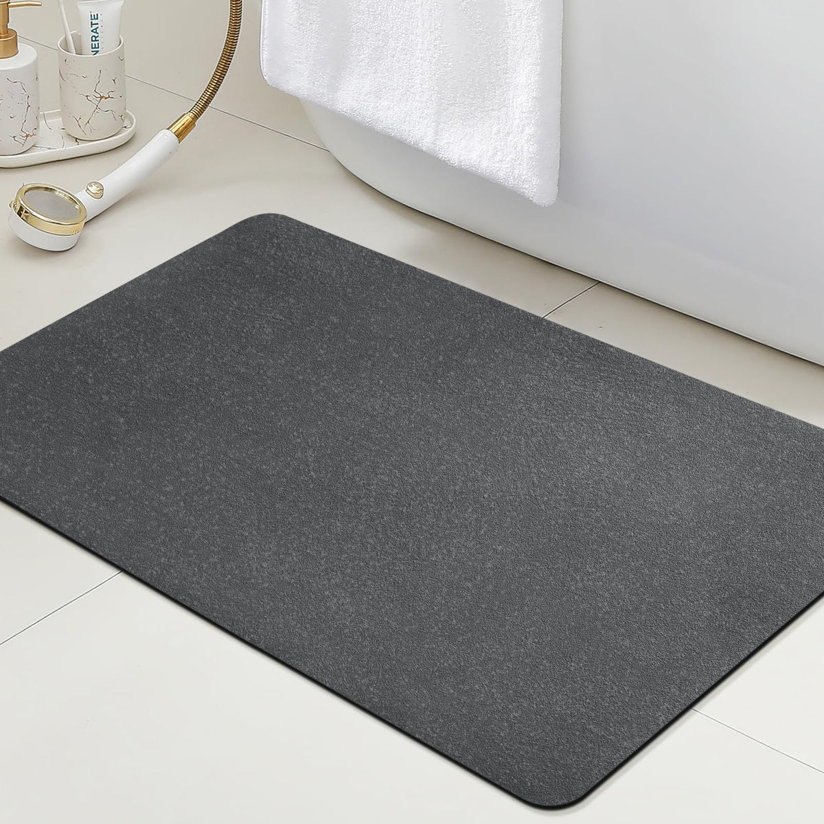 ACCUMTEK Non Slip Bath Mat, Thin Bathroom Rugs Fit Under Door, Quick Dry Bath Mats, Machine Washable Bath Rugs for Bathroom, Bathtub & Kitchen, Grey/Bordered/24 x17
