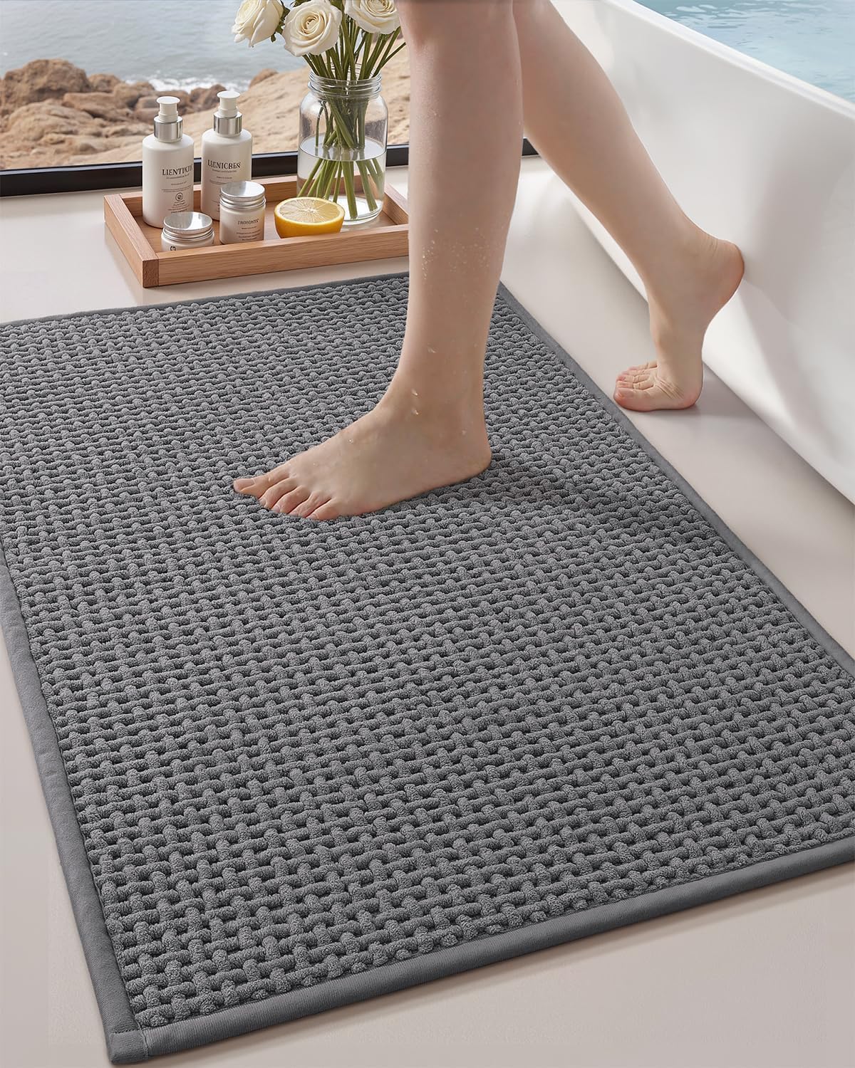 Color&Geometry Beige 30x17 Waffle Bath Mat, Rubber Non Slip Bathroom Rug